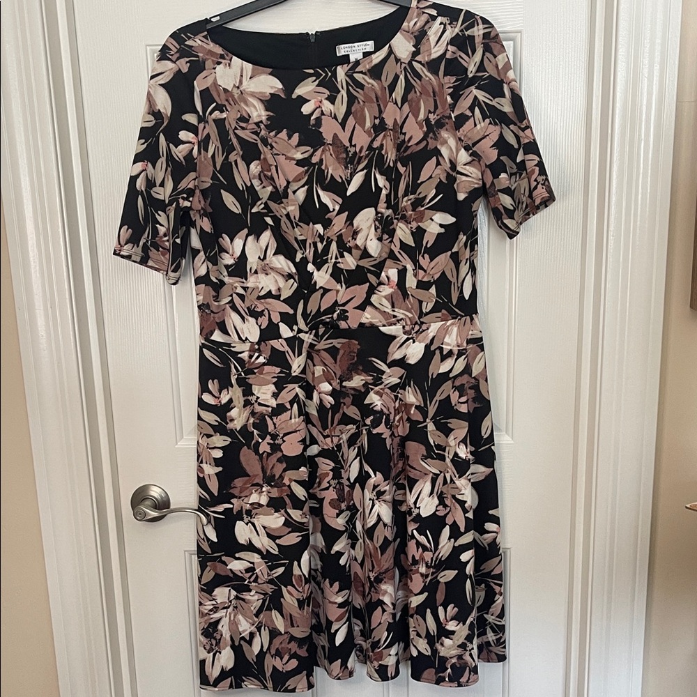 London Times Black Midi Dress with Blush Floral Print